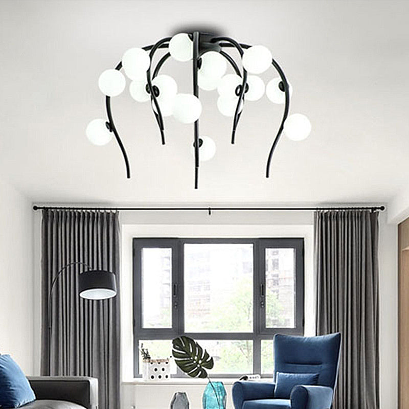 15/20 lumières salon plafond mouchent monte globe lait blanc verre blanc noir / or flush lampe avec conception de branche pleureur