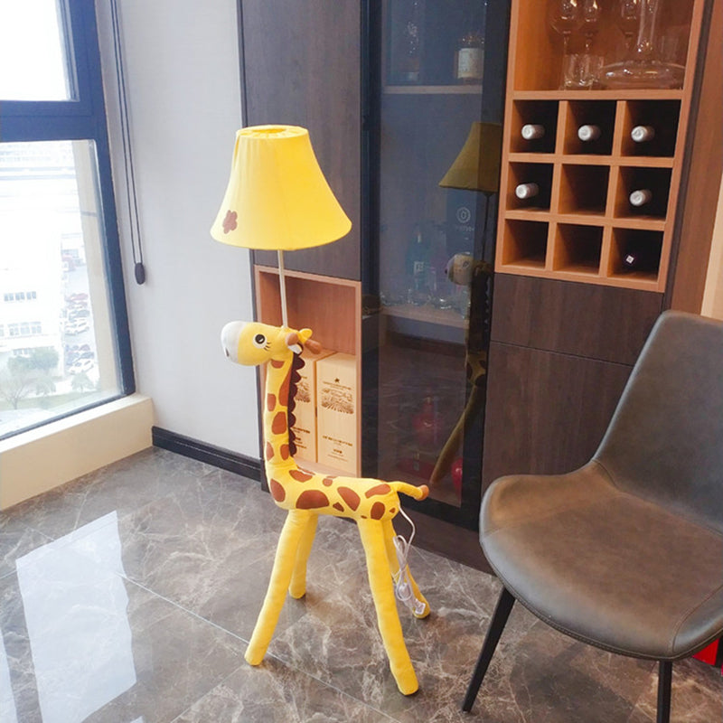 Red/Yellow Bell Shade Standing Floor Lamp Kids 1 Head Fabric Floor Lamp with Giraffe Base for Living Room