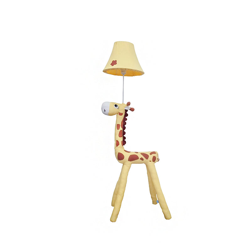 Red/Yellow Bell Shade Standing Floor Lamp Kids 1 Head Fabric Floor Lamp with Giraffe Base for Living Room