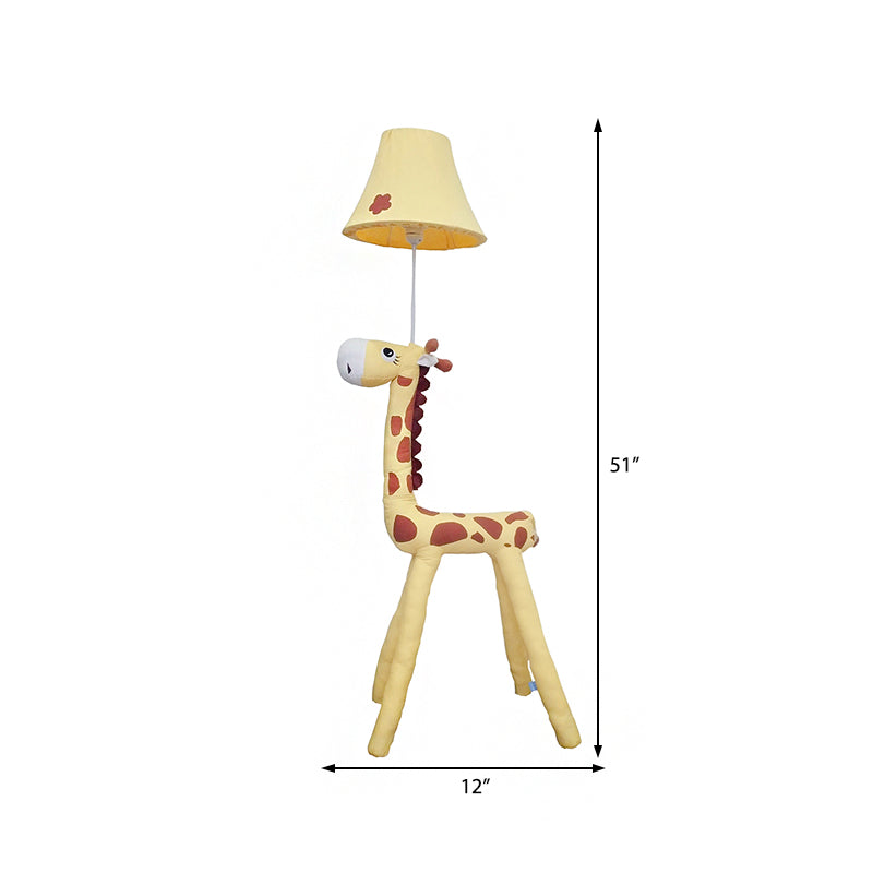 Red/Yellow Bell Shade Standing Floor Lamp Kids 1 Head Fabric Floor Lamp with Giraffe Base for Living Room