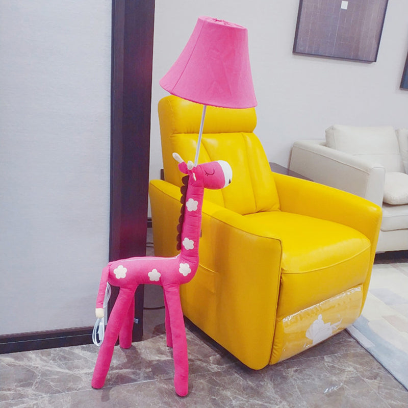 Red/Yellow Bell Shade Standing Floor Lamp Kids 1 Head Fabric Floor Lamp with Giraffe Base for Living Room