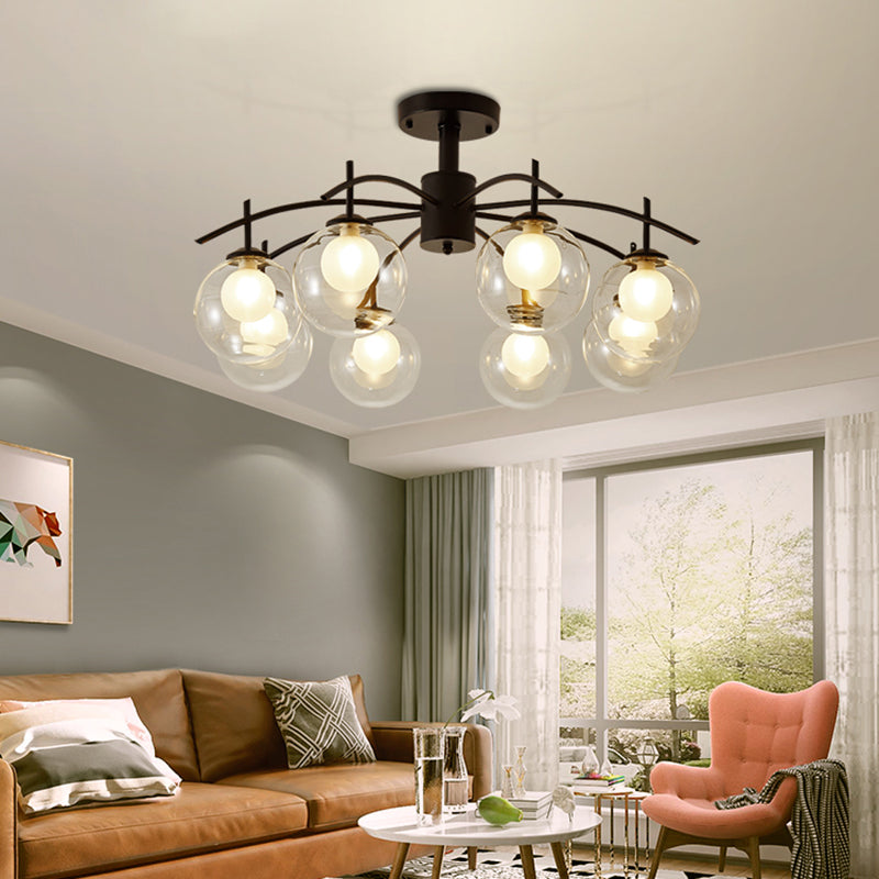 Clear Glass Ball Semi Flush Light Contemporary 3/5/6-Light Living Room Ceiling Flush Mount Chandelier in Black