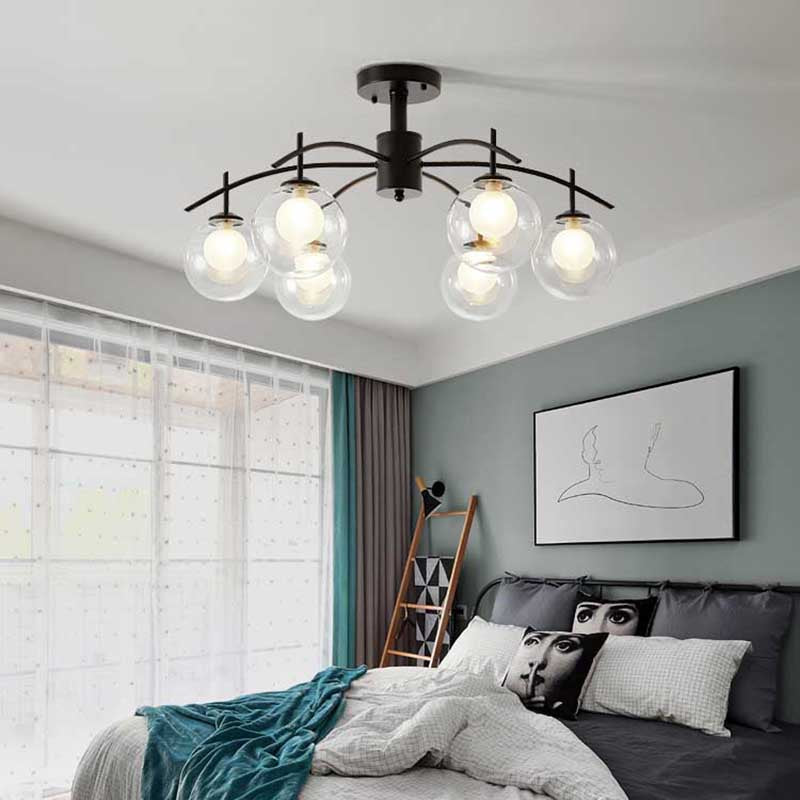 Clear Glass Ball Semi Flush Light Contemporary 3/5/6-Light Wohnzimmer Decke Flush Mount Kronleuchter in Schwarz