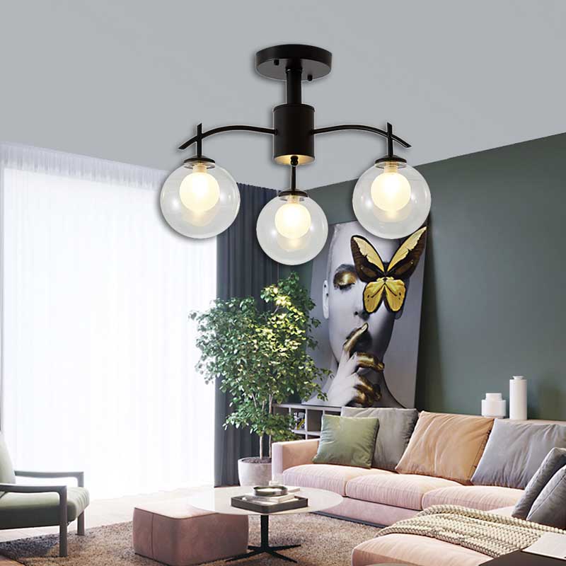 Clear Glass Ball Semi Flush Light Contemporary 3/5/6-Light Living Room Ceiling Flush Mount Chandelier in Black