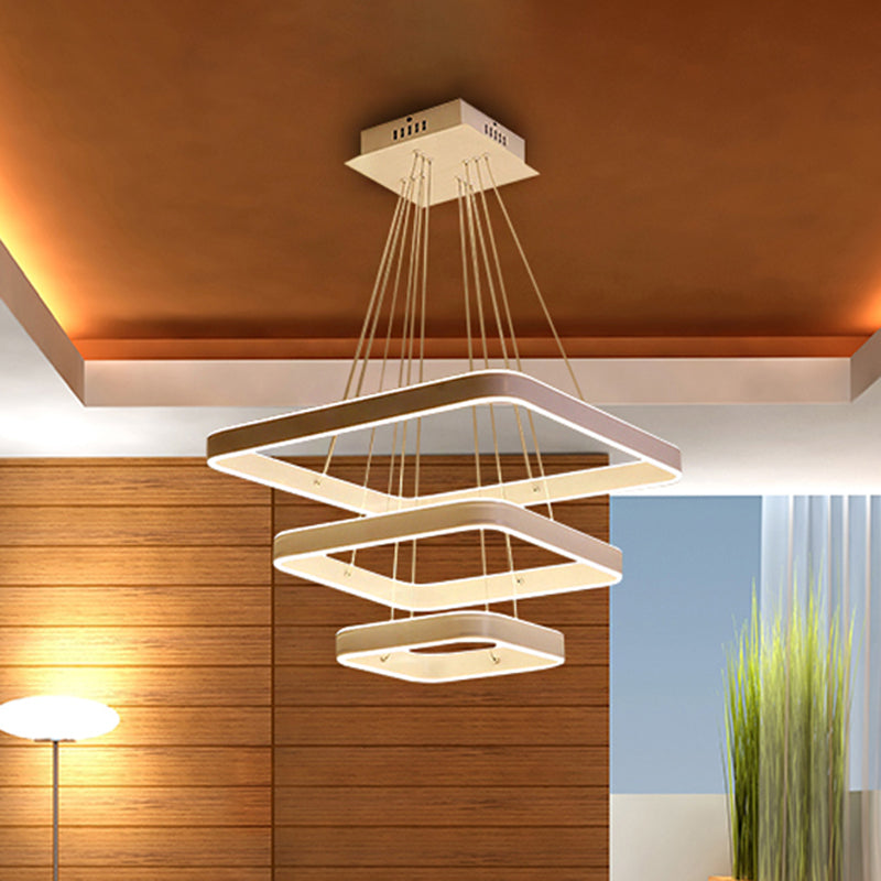 Modern LED Ceiling Chandelier White 3-Tiered Square Hanging Light Fixture in Warm/White/Natural Light