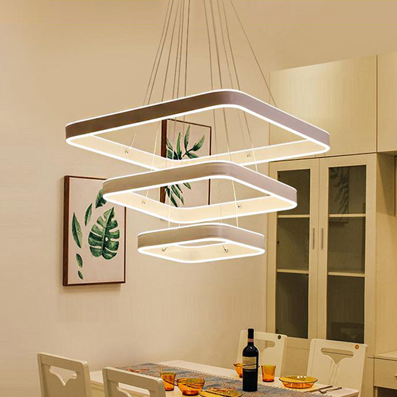 Modern LED Ceiling Chandelier White 3-Tiered Square Hanging Light Fixture in Warm/White/Natural Light