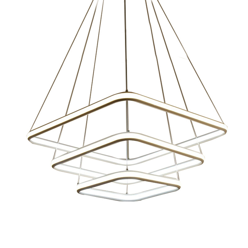 White Acrylic Hanging Chandelier Simple Layered Square LED Ceiling Pendant in White/Warm Light