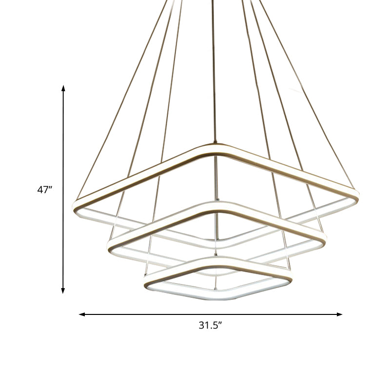 White Acrylic Hanging Chandelier Simple Layered Square LED Ceiling Pendant in White/Warm Light