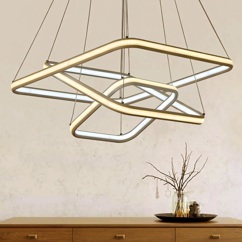 White Acrylic Hanging Chandelier Simple Layered Square LED Ceiling Pendant in White/Warm Light