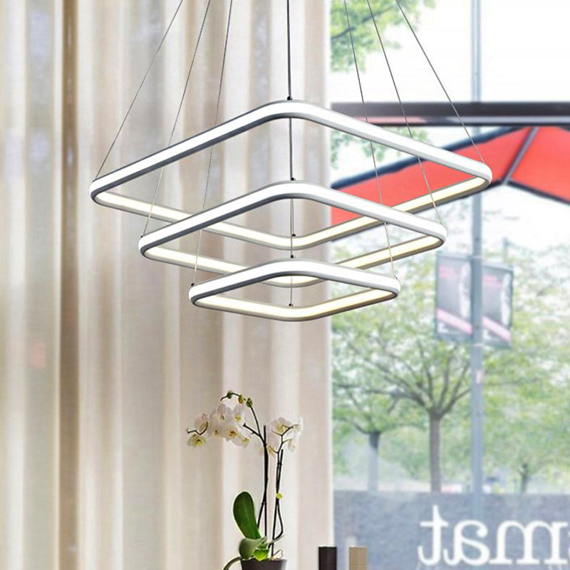 White Acrylic Hanging Chandelier Simple Layered Square LED Ceiling Pendant in White/Warm Light