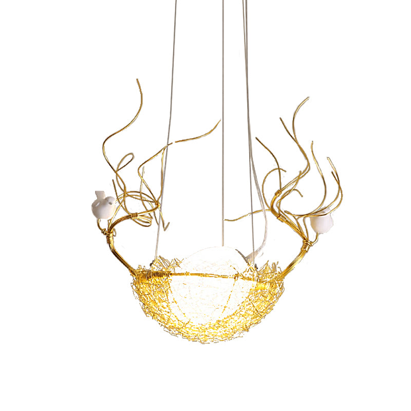 Egg Shaped Hanging Ceiling Pendant Art Deco Milk White Glass 1 Light Gold Chandelier with White Birds and Aluminum Bird Nest