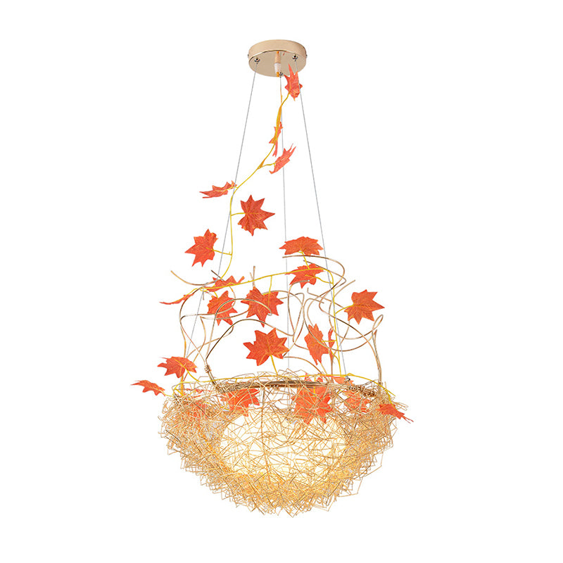 Egg-Like Chandelier Rustic 3 Lights Milk White Glass Hanging Ceiling Pendant with Gold Nest and Maple Leaves