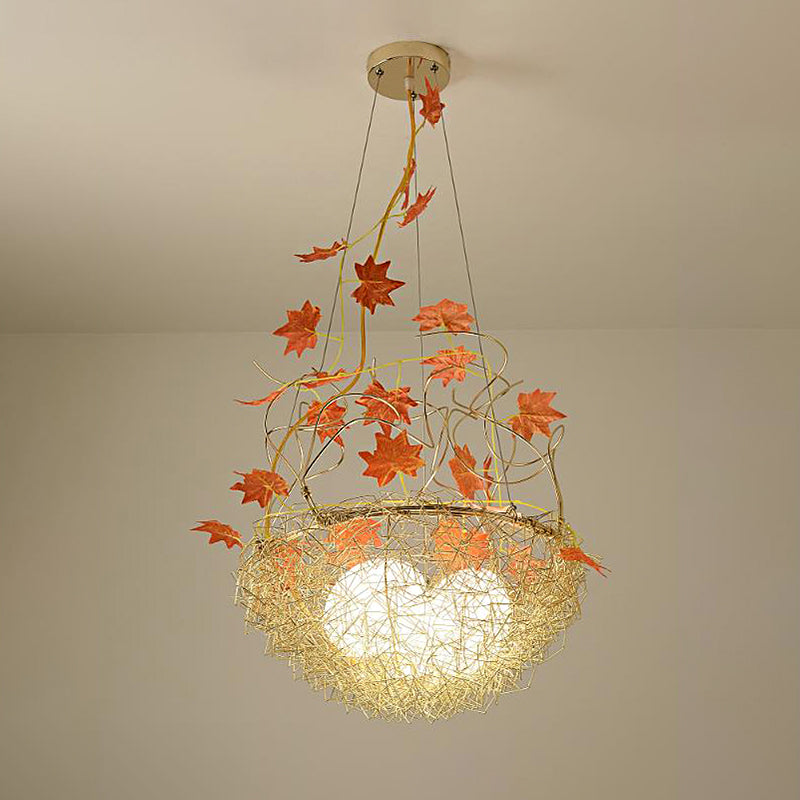 Egg-Like Chandelier Rustic 3 Lights Milk White Glass Hanging Ceiling Pendant with Gold Nest and Maple Leaves