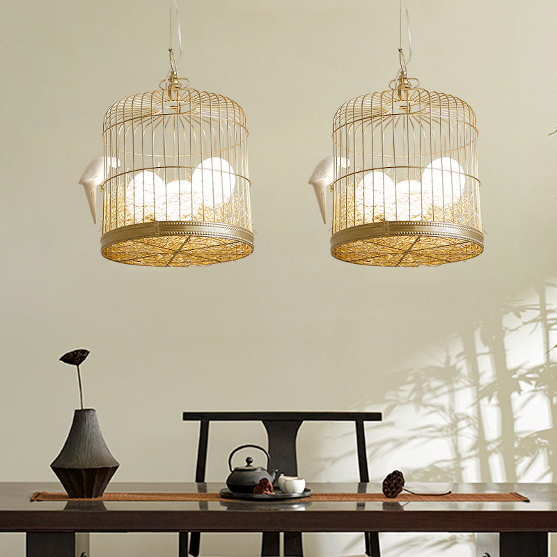 Matte White Glass Egg Shaped Chandelier Rustic 3 Lights Hanging Light Fixture with Bird and Birdcage