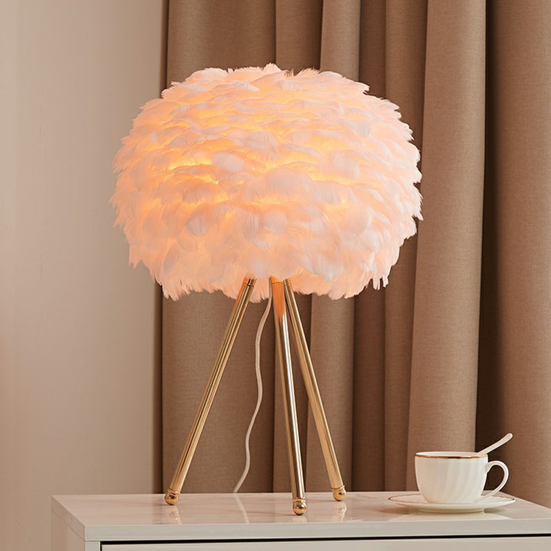 Tripod Girls Bedroom Table Lamp Metallic Single-Bulb Contemporary Nightstand Lighting with Feather Shade