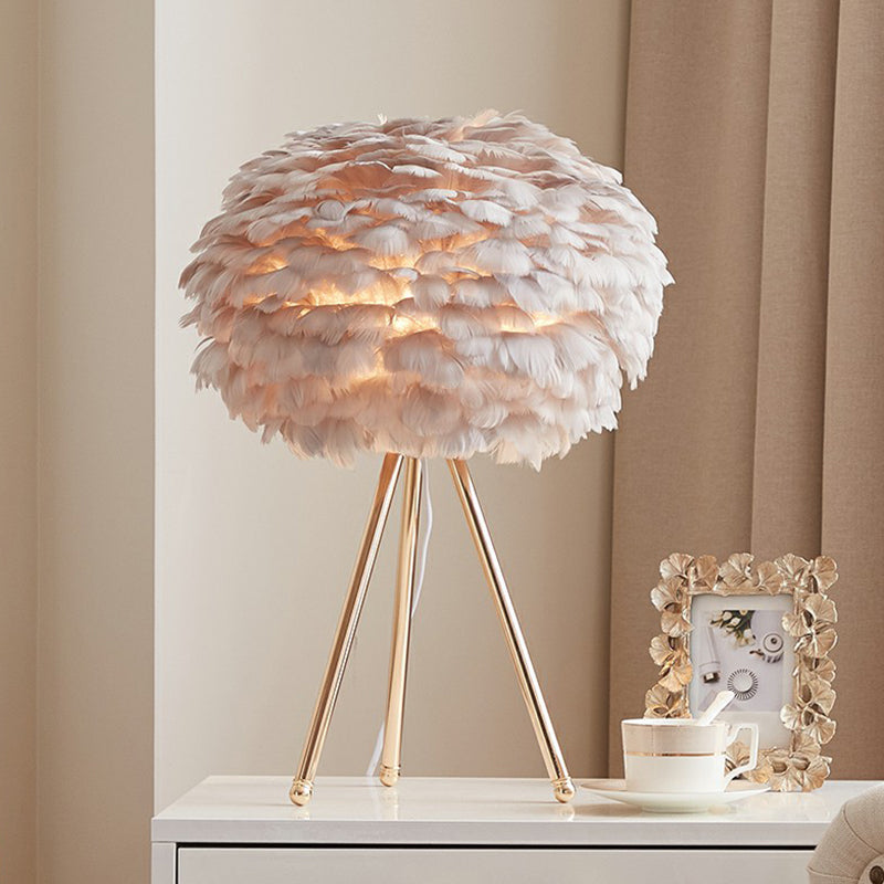 Tripod Girls Bedroom Table Lamp Metallic Single-Bulb Contemporary Nightstand Lighting with Feather Shade