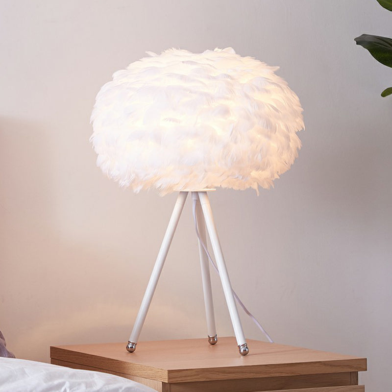 Tripod Girls Bedroom Table Lamp Metallic Single-Bulb Contemporary Nightstand Lighting with Feather Shade