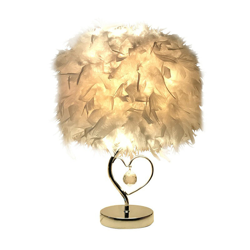 Cylindrical Nightstand Lamp Modern Style Feather Bedroom Table Light with Crystal Drip