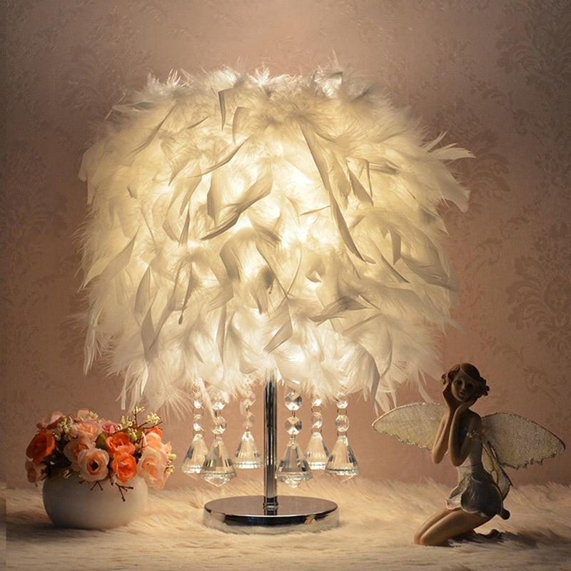 Cylindrical Nightstand Lamp Modern Style Feather Bedroom Table Light with Crystal Drip