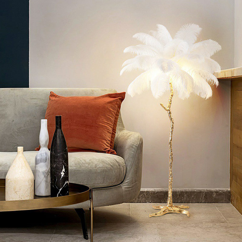 Tree-Shape Living Room Stand Up Light Feather 5 Bulbs Contemporary Floor Lighting