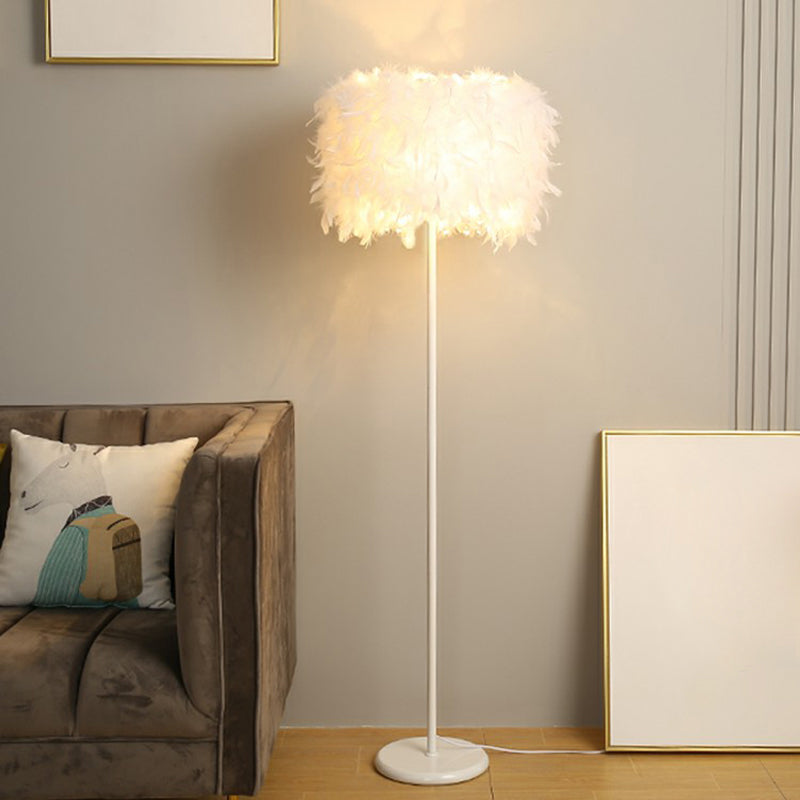 Drum Shade Standing Light Minimalistic Feather 1 Bulb Living Room Floor Lamp in White