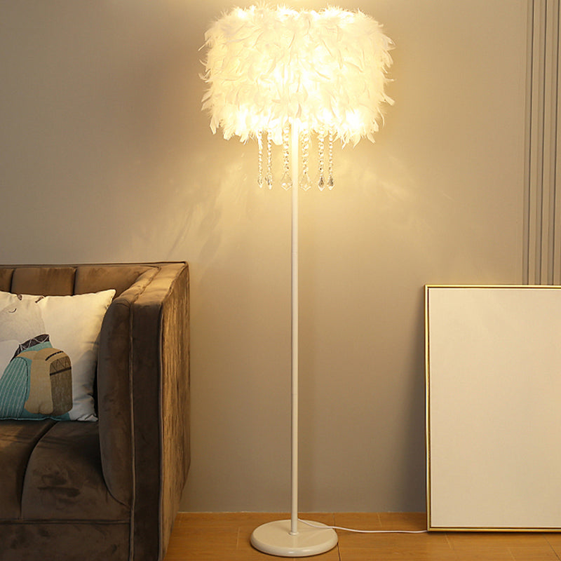 Tambour ombre debout légère plume minimaliste 1 bulbe de salon lampadaire en blanc