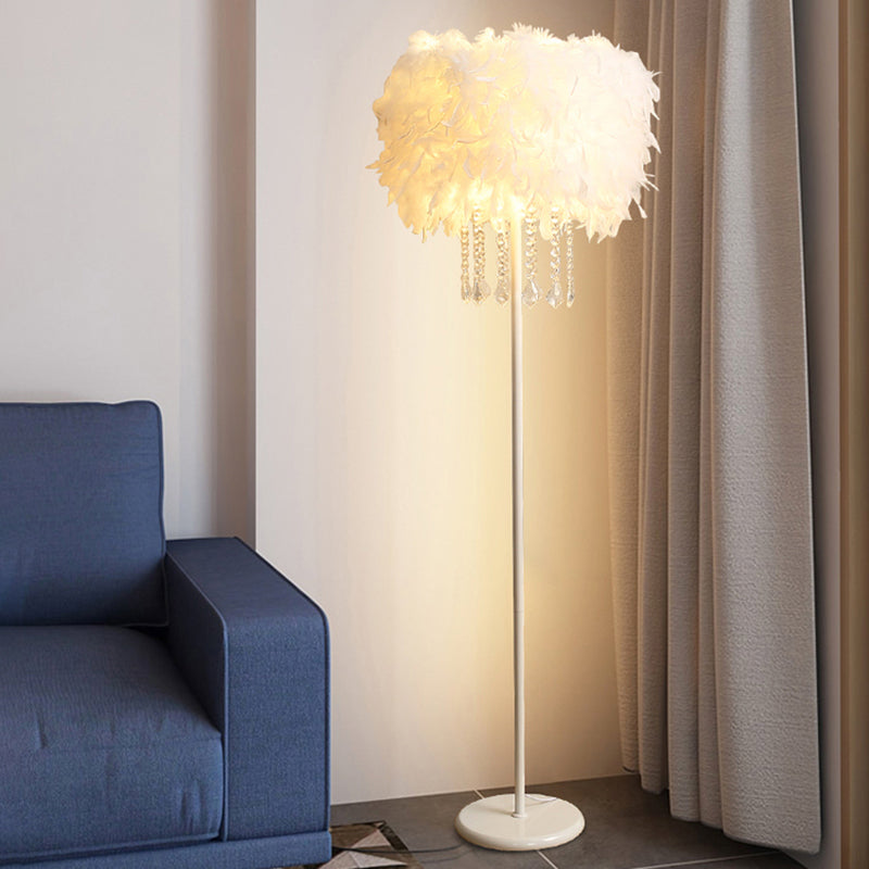 Tambour ombre debout légère plume minimaliste 1 bulbe de salon lampadaire en blanc