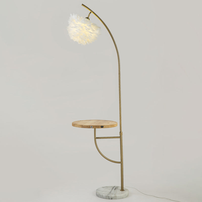 Emisfero piume Lampada da pavimento in tonalità moderna 1 lampada oro lampadina con vassoio di legno