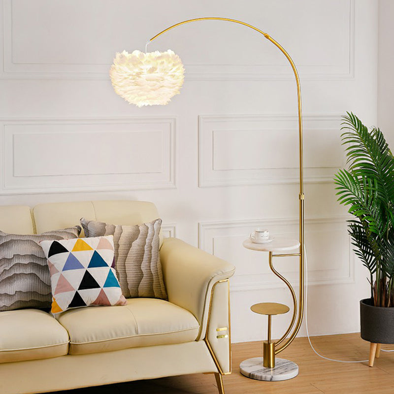 Modern Hemisphere Floor Light Feather Single Living Room Arched Standing Lamp with Tray