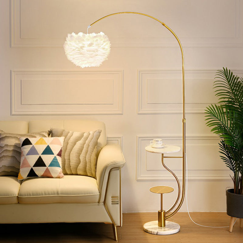 Modern Hemisphere Floor Light Feather Single Living Room Arched Standing Lamp with Tray