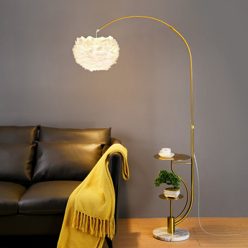 Modern Hemisphere Floor Light Feather Single Living Room Arched Standing Lamp with Tray