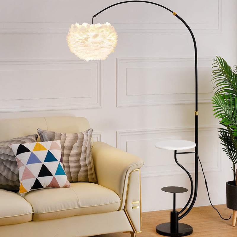 Modern Hemisphere Floor Light Feather Single Living Room Arched Standing Lamp with Tray