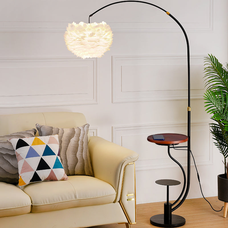 Modern Hemisphere Floor Light Feather Single Living Room Arched Standing Lamp with Tray