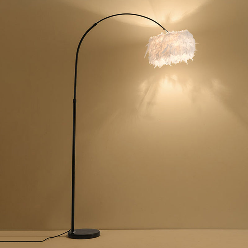 Feather Drum Stand Up Lamp Simplicity 1 Bulb Floor Lighting with Arc Arm for Living Room