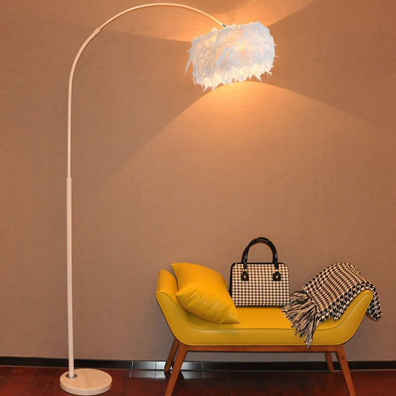 Feather Drum Stand Up Lamp Simplicity 1 Bulb Floor Lighting with Arc Arm for Living Room