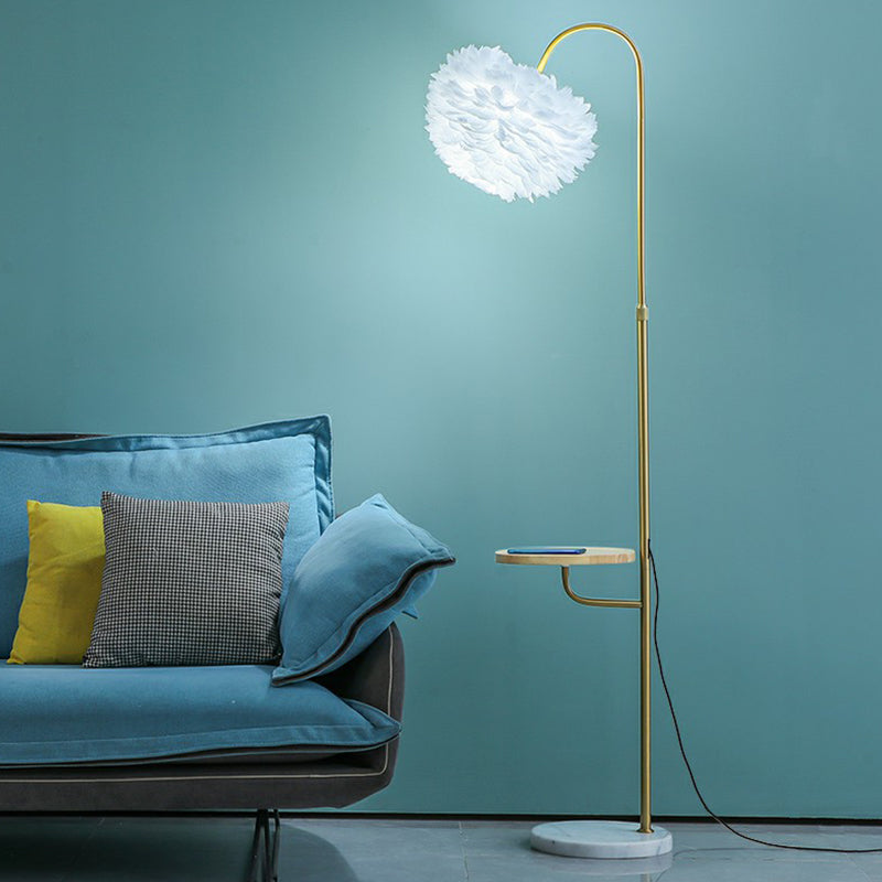 Hemispherical Living Room Floor Lamp Feather Single-Bulb Minimalist Standing Lighting with Tray