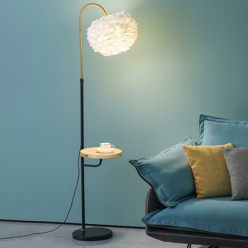 Hemispherical Living Room Floor Lamp Feather Single-Bulb Minimalist Standing Lighting with Tray