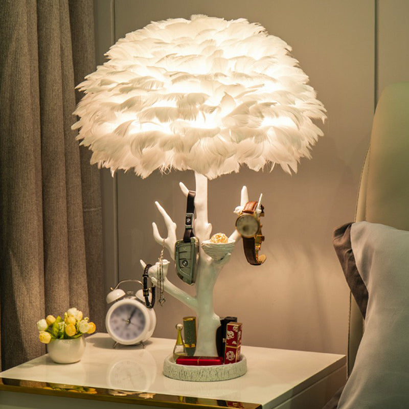 Artistic Tree Branch Table Light Resin Single Living Room Nightstand Lighting with Feather Shade in White