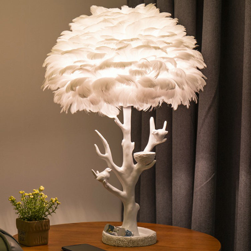 Artistic Tree Branch Table Light Resin Single Living Room Nightstand Lighting with Feather Shade in White