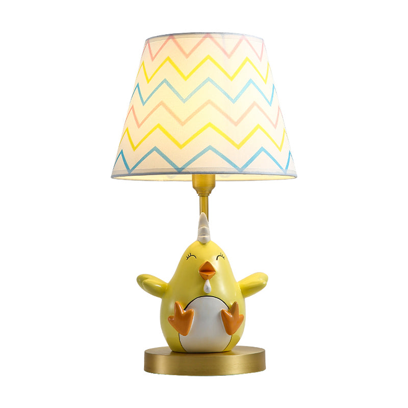 Cartoon Chicken Nightstand Lamp Resin Single-Bulb Bedside Table Light with Tapered Fabric Shade