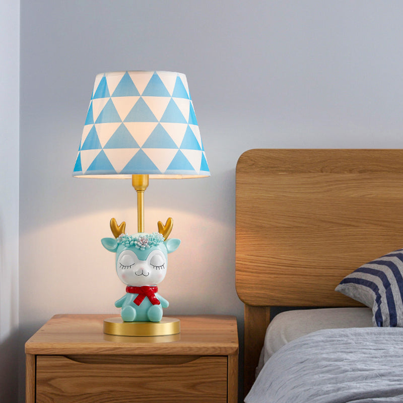 Fabric Tapered Drum Table Lighting Kids 1-Light Bedside Nightstand Lamp with Resin Deer