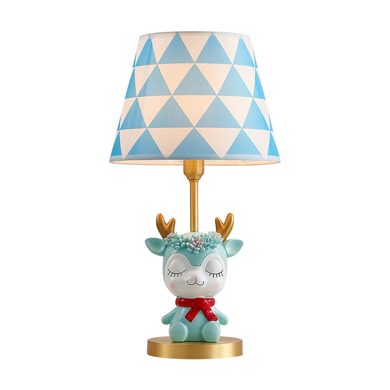 Fabric Tapered Drum Table Lighting Kids 1-Light Bedside Nightstand Lamp with Resin Deer