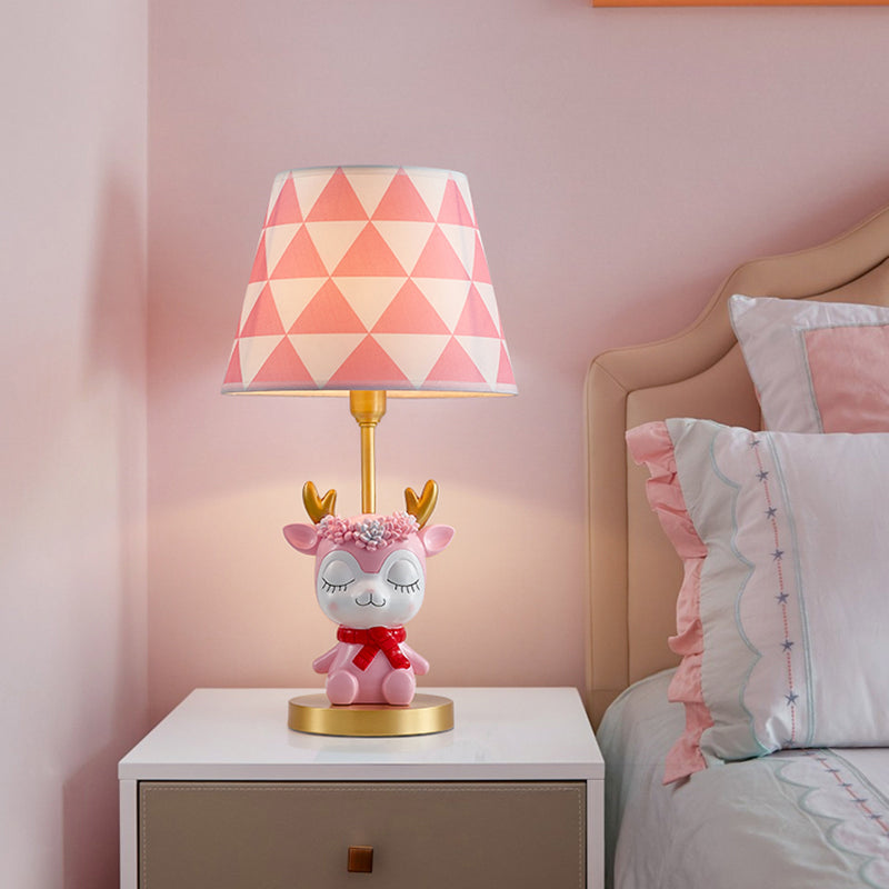 Fabric Tapered Drum Table Lighting Kids 1-Light Bedside Nightstand Lamp with Resin Deer