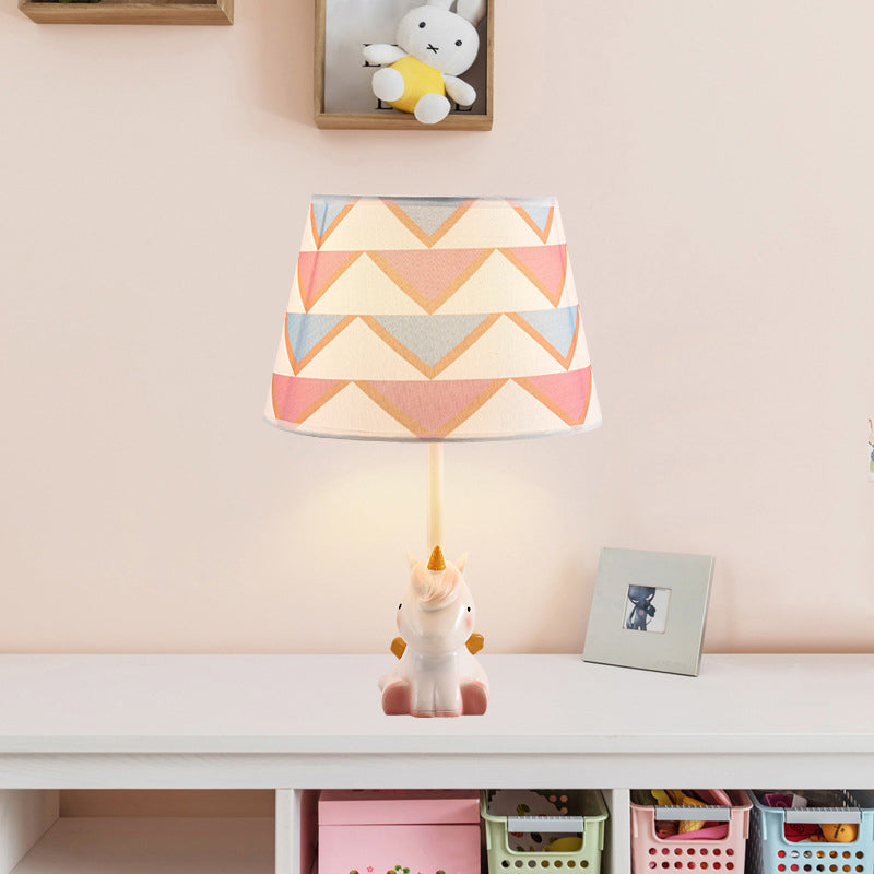 Pink Unicorn Table Lamp Cartoon 1 Head Resin Nightstand Light with Patterned Empire Shade