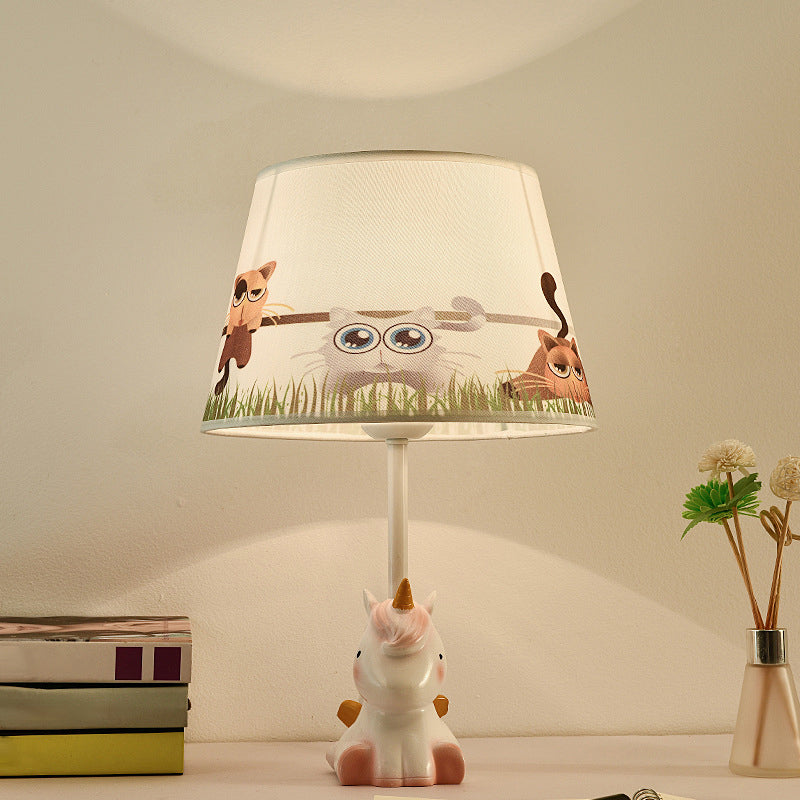 Pink Unicorn Table Lamp Cartoon 1��Head Resin Nightstand Light with Patterned Empire Shade