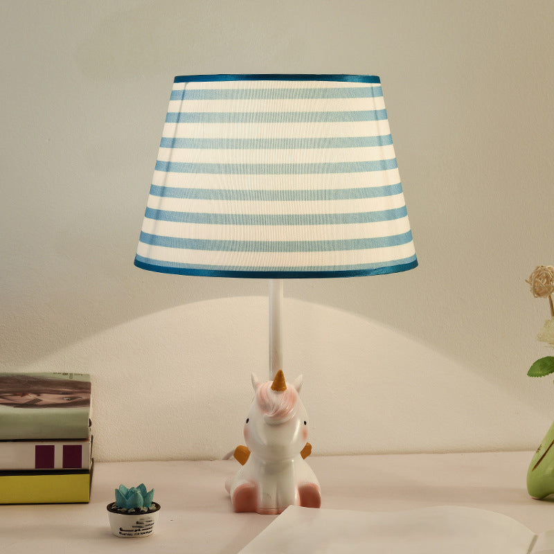 Pink Unicorn Table Lamp Cartoon 1��Head Resin Nightstand Light with Patterned Empire Shade
