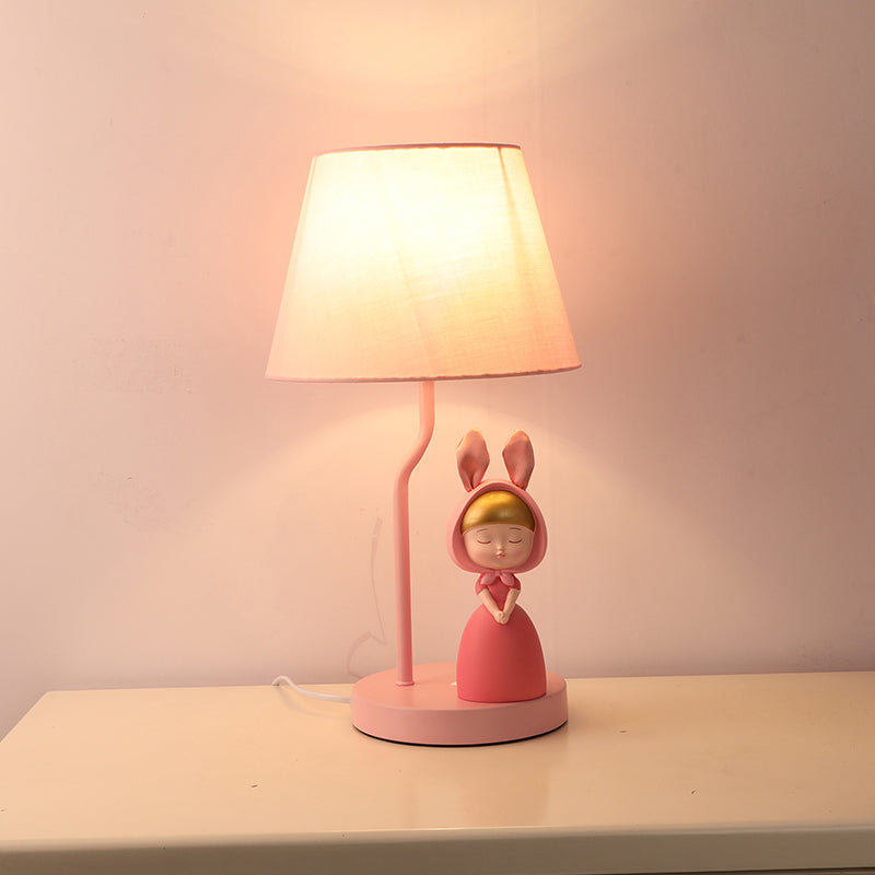 Tapered Drum Nightstand Lamp Kids Fabric Single-Bulb Bedroom Table Light with Resin Figurine in Pink