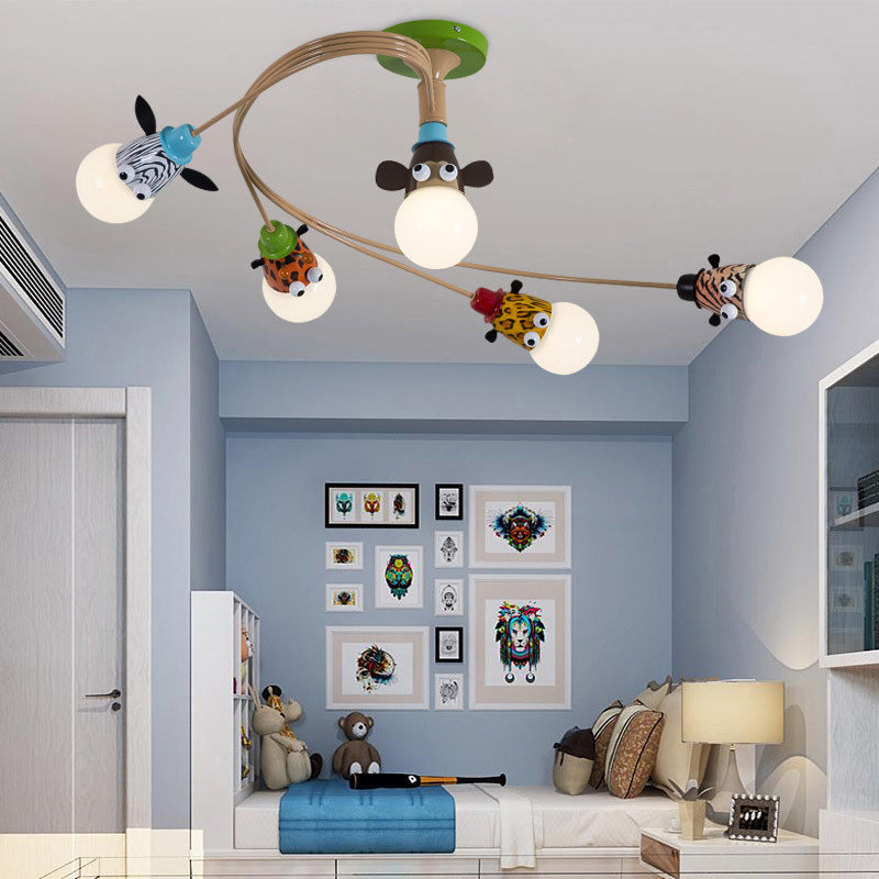 Metallic Spiral Semi Flush Mount Cartoon Yellow Ceiling Mounted Light with Decorative Animal Head