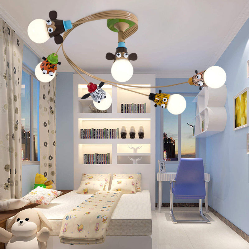 Métallique Spiral Semi Flush Cartoon Cartoon plafond jaune Mouted Light avec tête d'animal décorative