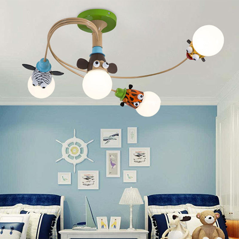 Metallic Spiral Semi Flush Mount Cartoon Yellow Ceiling Mounted Light with Decorative Animal Head